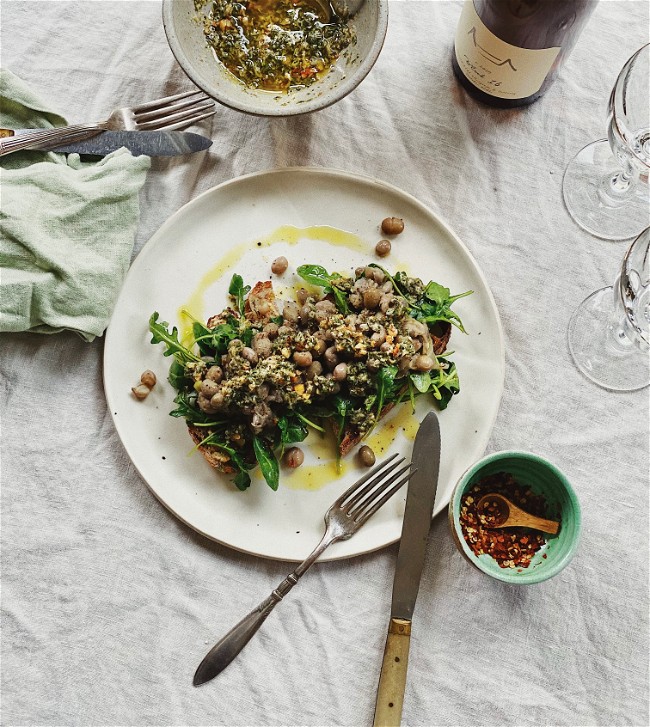 Image of Braised Shelling Beans on Toast with Sage Pesto