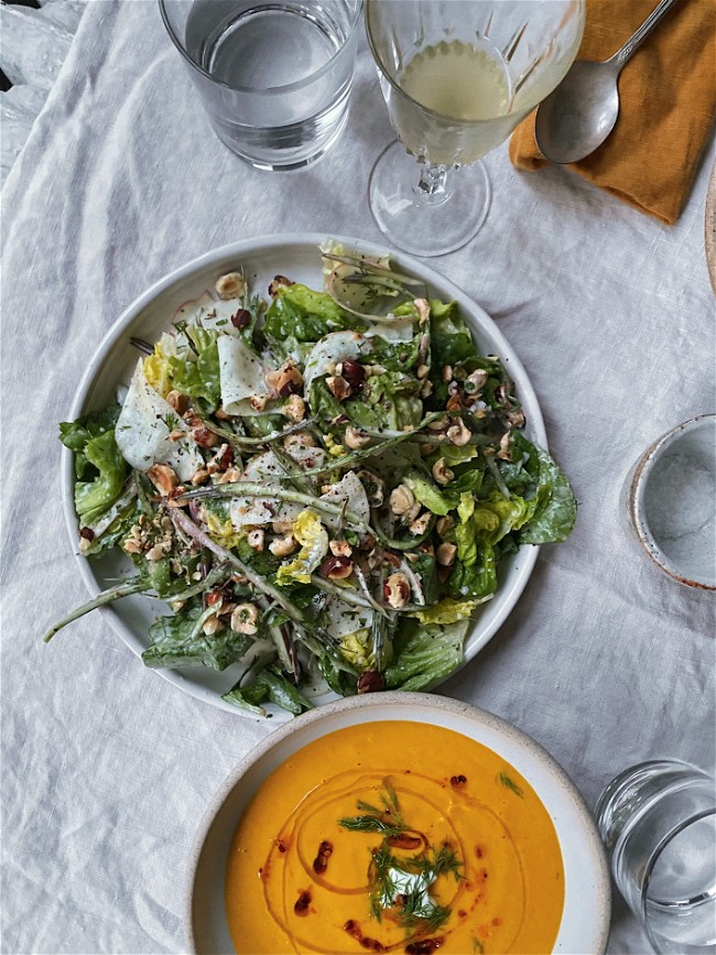 Image of Celery, Apple and Lettuces with Hazelnuts & Herbaceous Yogurt Dressing