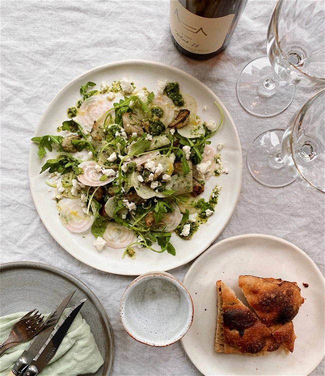Image of Roasted & Raw White Sugar Beets with Arugula Mint Pesto and Blue Cheese