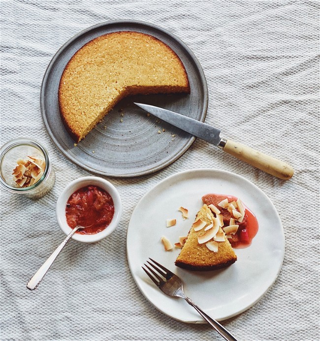 Image of Lemon Honey Polenta Cake with Roasted Rhubarb