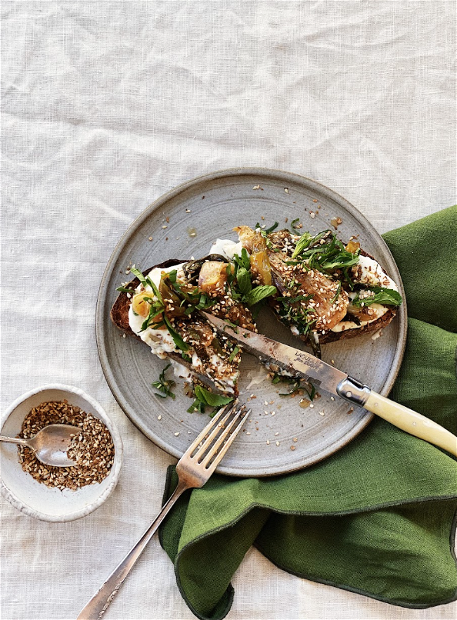 Image of Tartine of Braised Onions, Whipped Honey Feta, Mint & Seeds