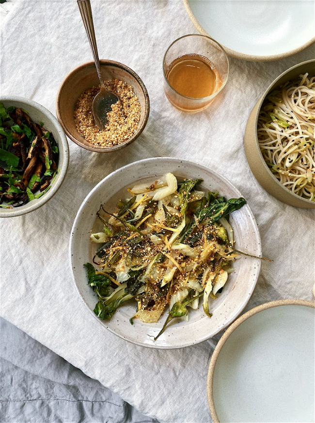 Image of Pac Choi & Garlic Scapes with Cashew Orange Dukkah