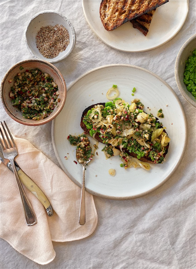 Image of Fava Bean Tartine with Caramelized Spring Onions and Mint Radish & Pistachio Relish 