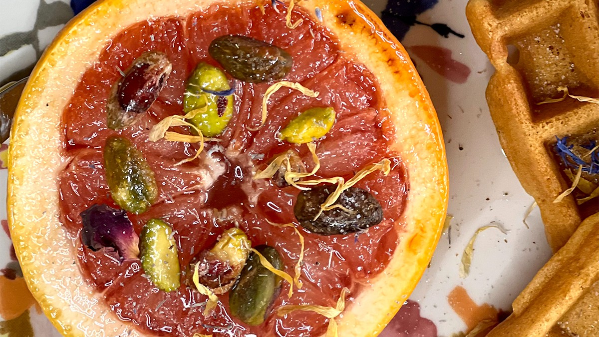 Image of Broiled Grapefruit with Honey, Pistachios, and Dried Flower Petals