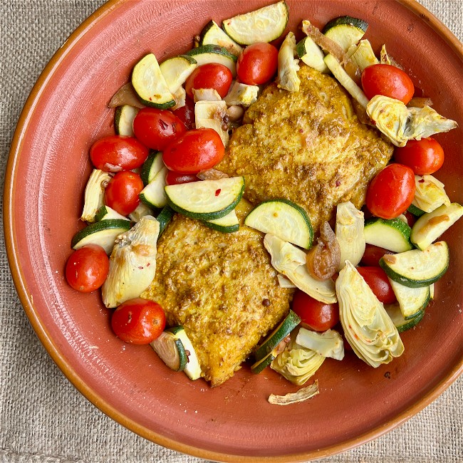 Image of Slow Baked Cod with Artichokes