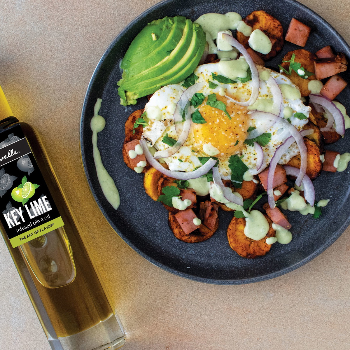 Fried Plantain Breakfast Stack with Spicy Mojito Crema
