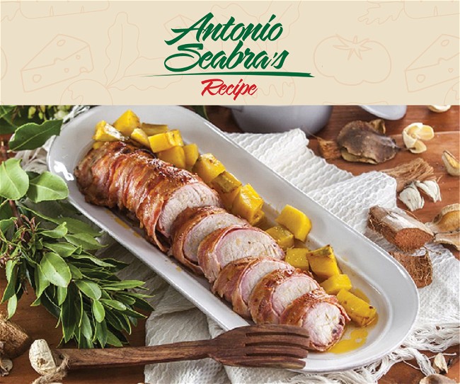 Image of Bacon Wrapped Pork Loin And Sweet Potatoes (Lombinho De Porco Enrolado Com Bacon E Batata-Doce)
