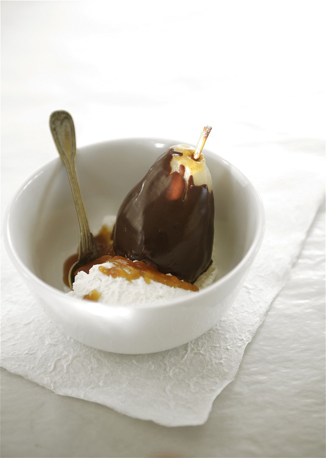 Image of Orange Poached Pears Dipped in Dark Chocolate and Mastiha