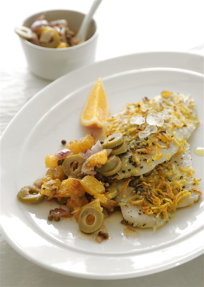 Image of Fish Fillets with Orange, Mastiha and  Green Olive Salsa