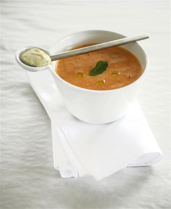 Image of Chilled Roasted Pepper Soup with Mastiha-Feta Cream