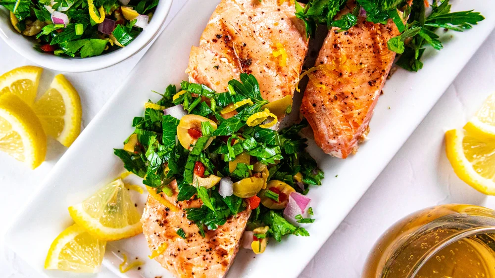 Image of Grilled Salmon with Parsley Olive Salad