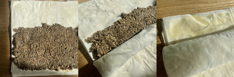 Image of Start rolling the dough and filling, tightly to prevent gaps, until the roll reaches the unfilled part of the dough.
