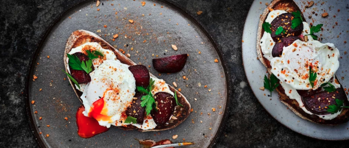 Image of Whipped Feta with Beetroot on Toast with Poached Eggs and Dukkah