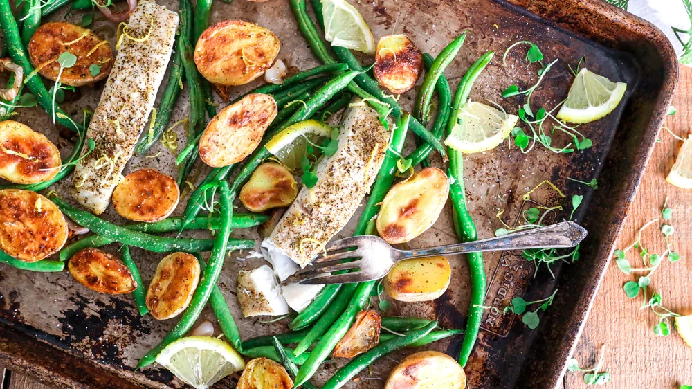 Image of Sheet Pan Baked Halibut with Potatoes and Green Beans