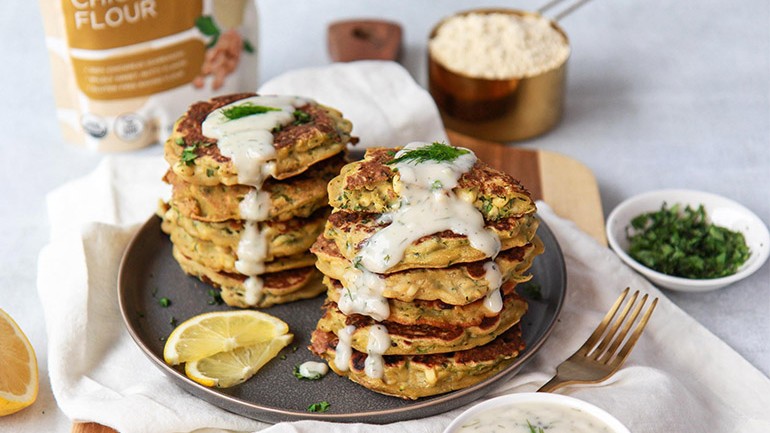 Image of Corn and Zucchini Chickpea Fritters with Dill Garlic Yogurt Recipe