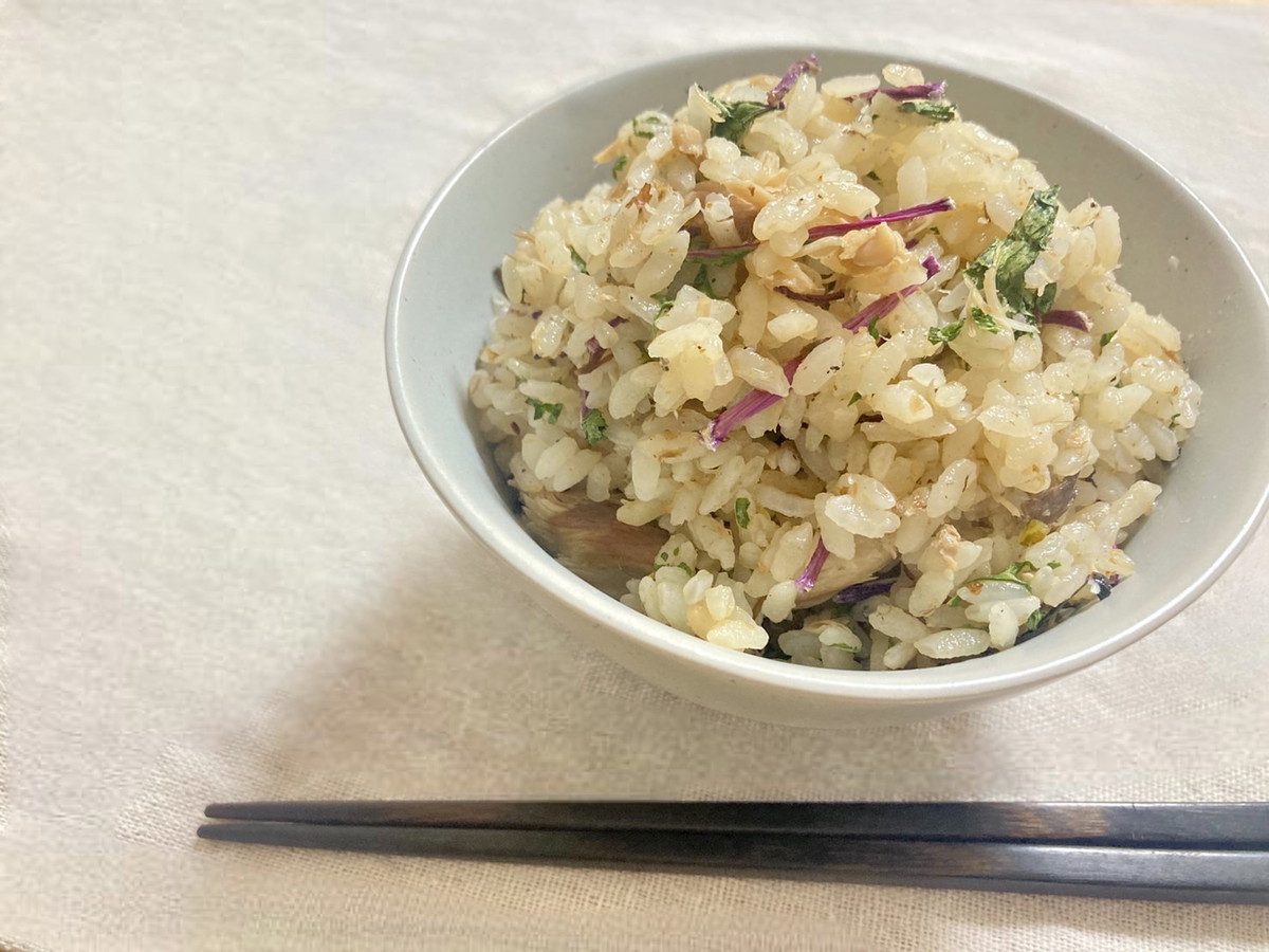 乾燥水菜とサバの炊き込みご飯