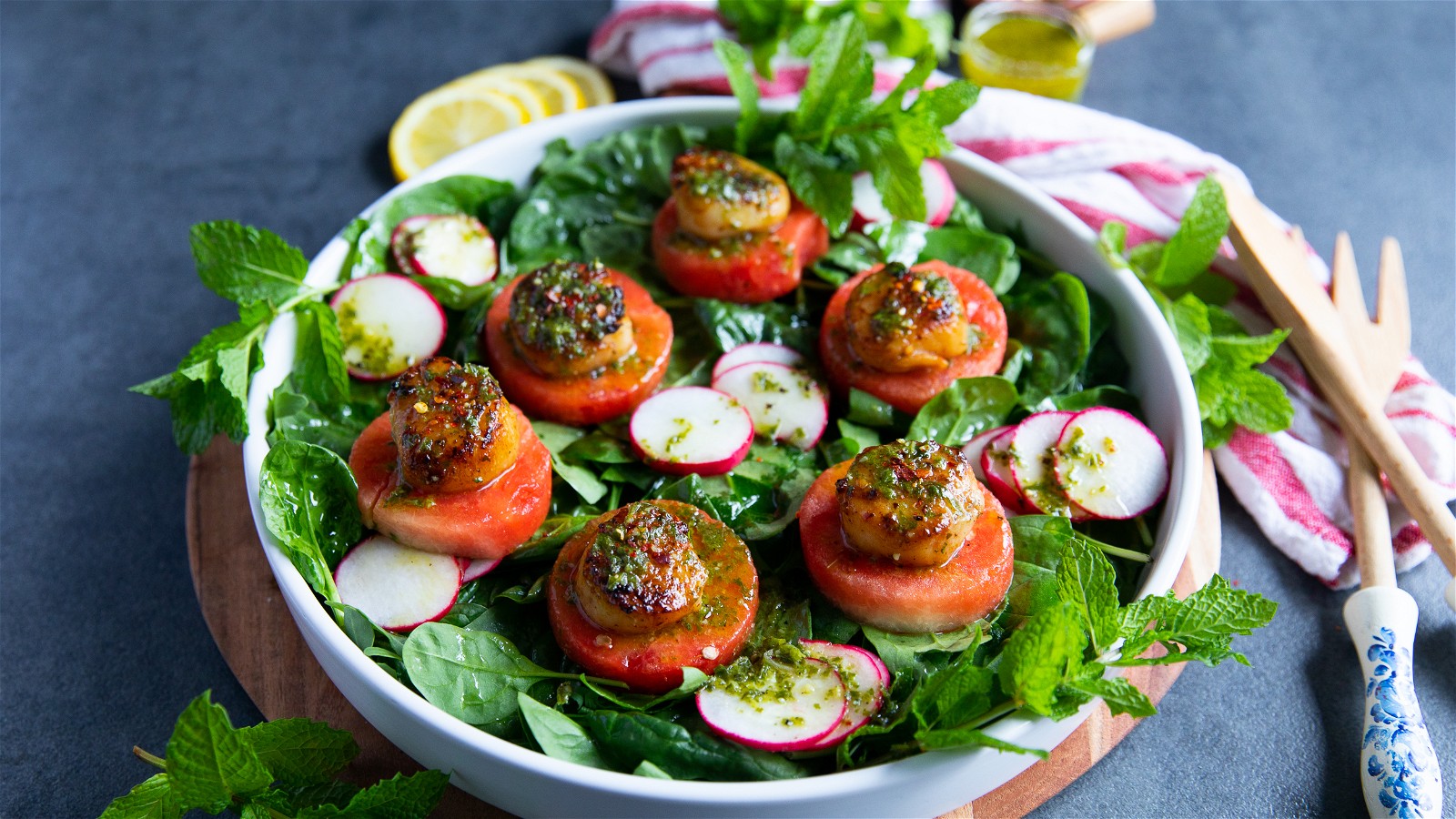 Image of Sealand Scallops on a Watermelon Salad with Mint Vinaigrette