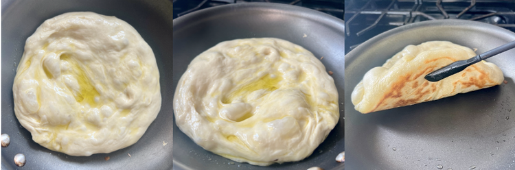 Image of Give each dough ball one last roll in the oil tray to coat well and gently stretch the dough to fit the pan and place into the pan, coaxing the dough wider and flatter as needed.