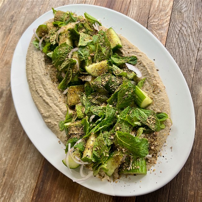 Image of Cucumber and Mint Salad with Fava and Hazelnut Hummus