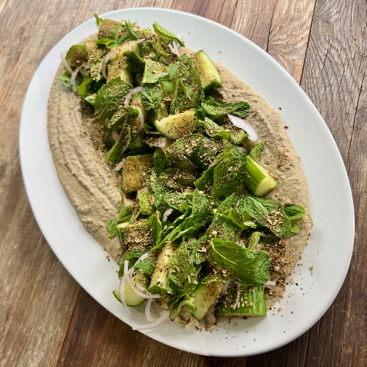 Cucumber and Mint Salad with Fava and Hazelnut Hummus