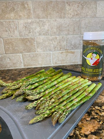 Image of Coat asparagus in avocado oil and season with Willie Pete Chicken...