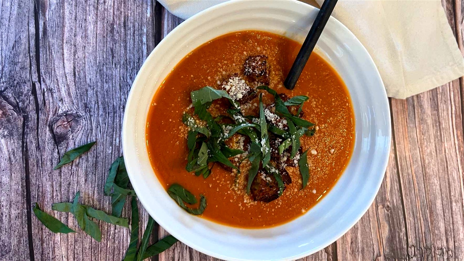 Image of Tomato Basil Soup and Sourdough Croutons