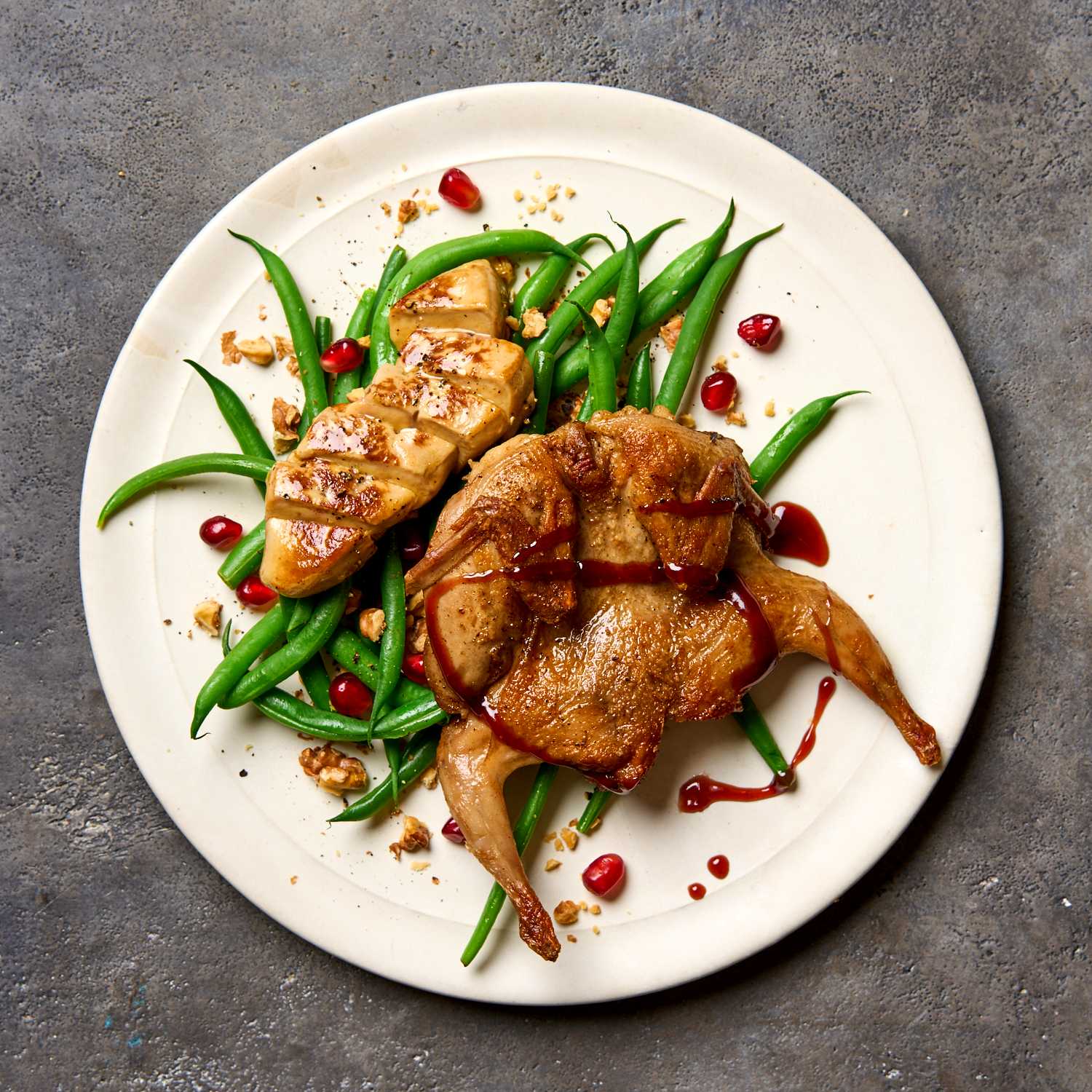 Image of Spatchcock Quail with Pomegranate, Foie Gras and Green Bean Salad