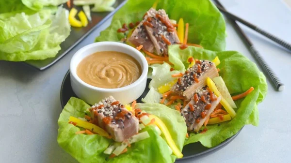 Image of Whole30 Ahi Tuna Lettuce Wraps with Almond Butter Dressing