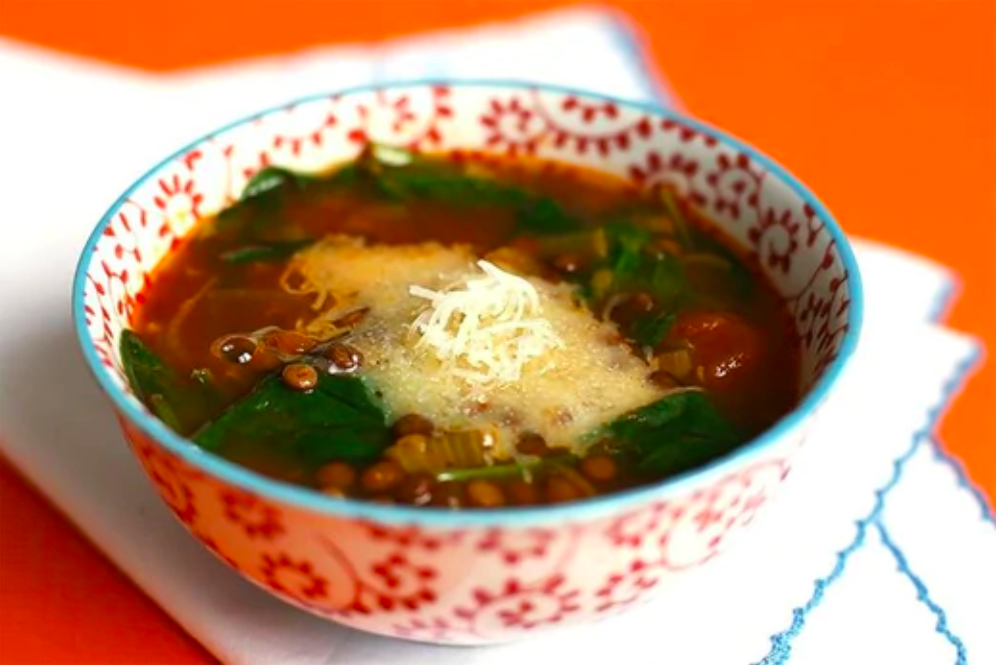 Image of Spinach-Lentil Soup with Saffron & Manchego