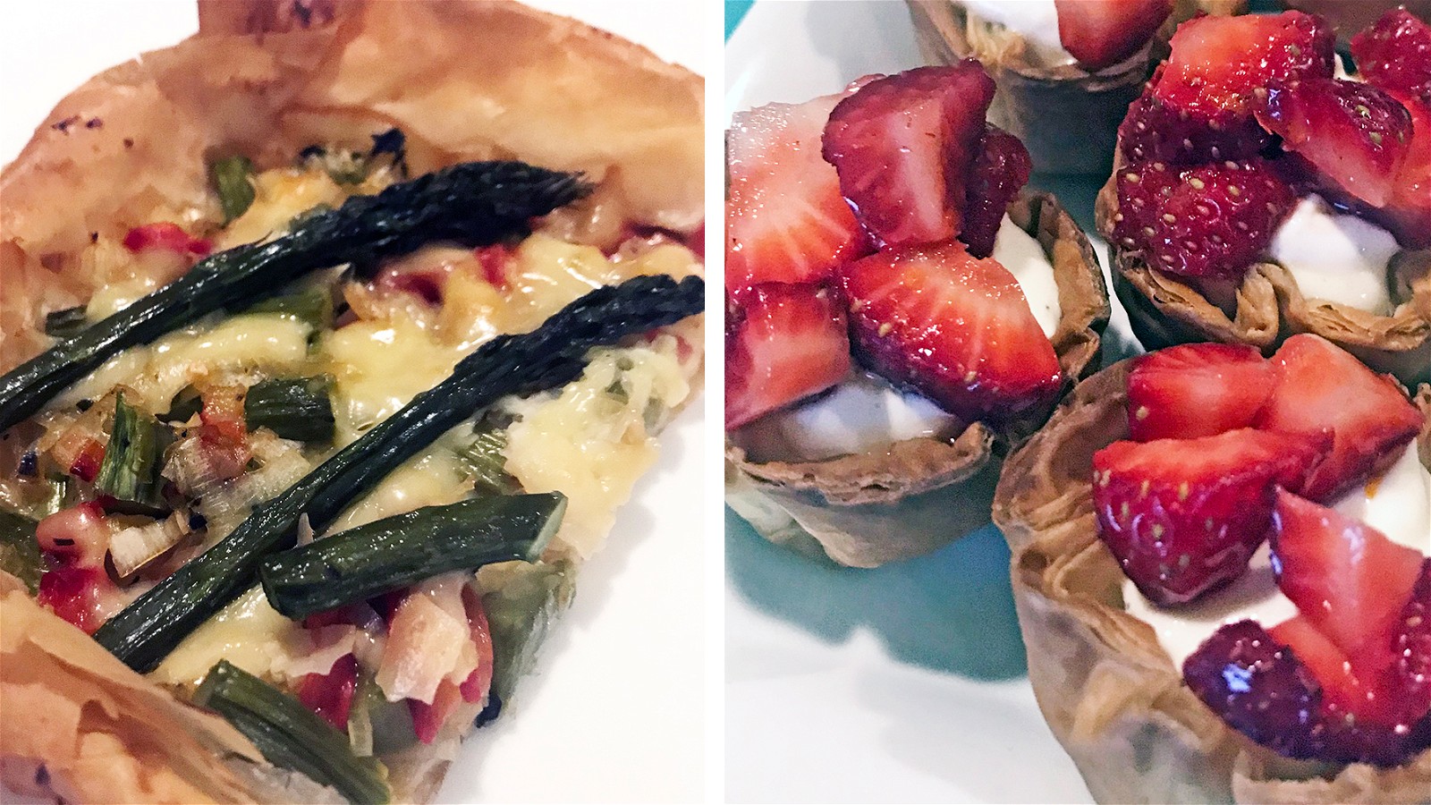 Image of Leek and Asparagus Filo Tart, Homemade Filo Cups and Strawberry Cream Cheese Cups!