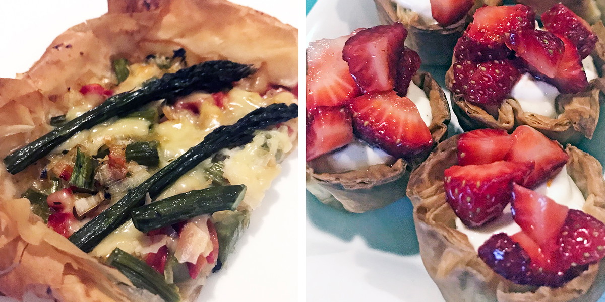 Leek and Asparagus Filo Tart, Homemade Filo Cups and Strawberry Cream Cheese Cups!