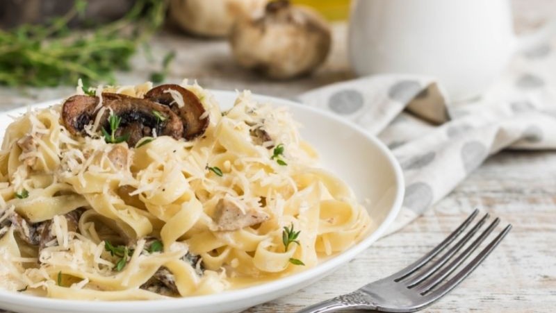 Image of One-Pot Pasta With Creamy Chicken, Brussels Sprouts & Mushrooms