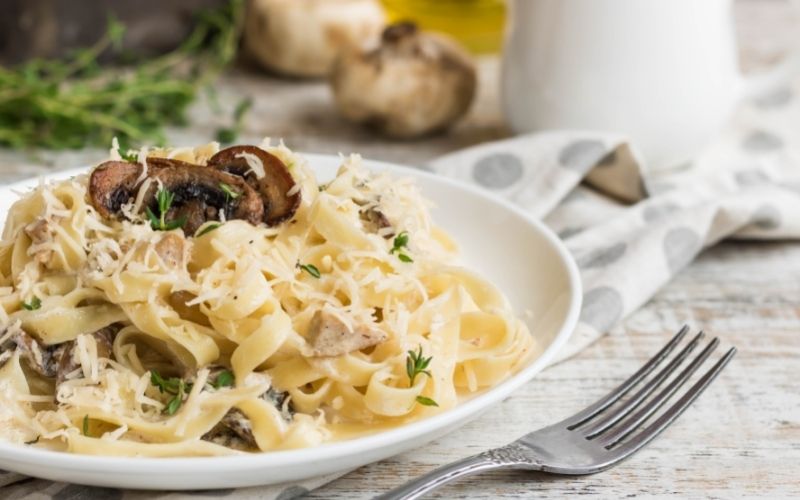 One-Pot Pasta with Creamy Chicken, Brussels Sprouts, and Mushrooms