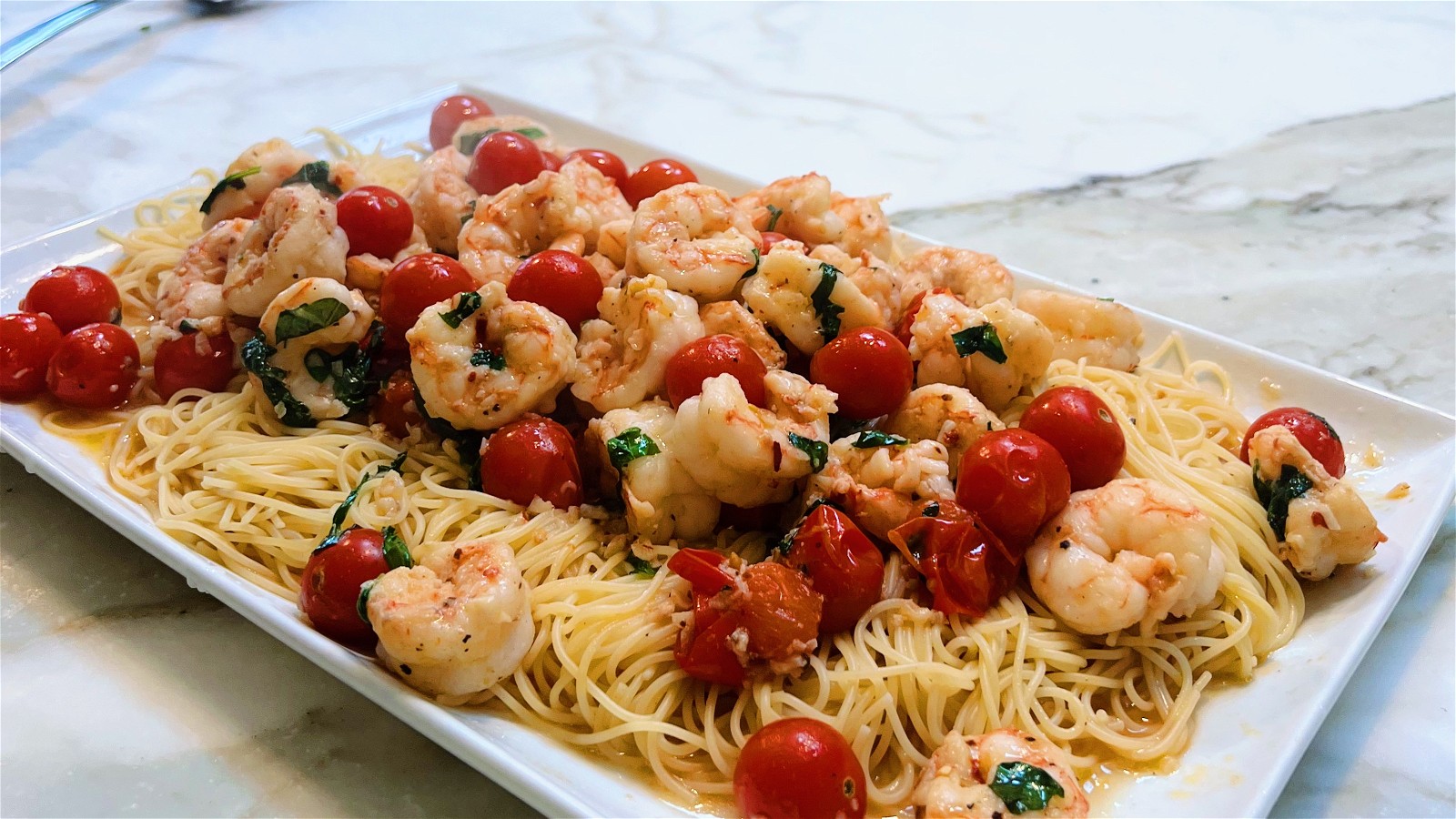 Image of Spicy Spot Prawn Pasta with Cherry Tomatoes & Basil