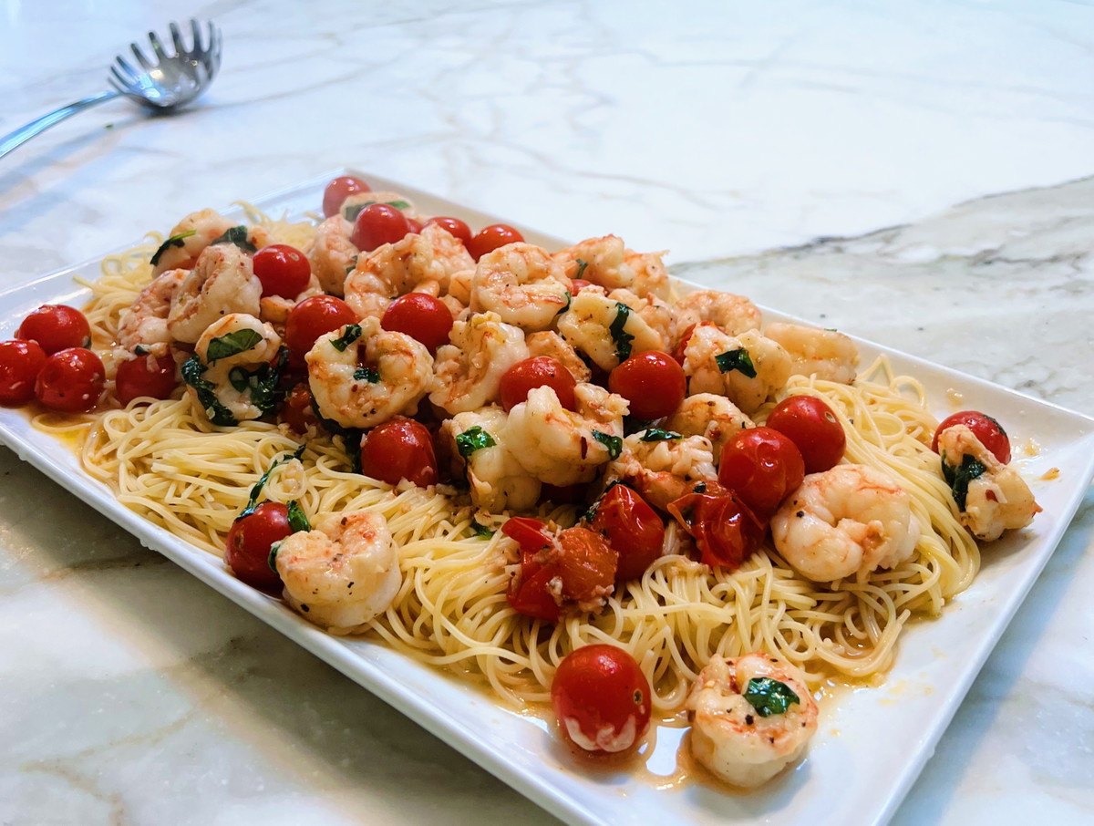 Spicy Spot Prawn Pasta with Cherry Tomatoes & Basil