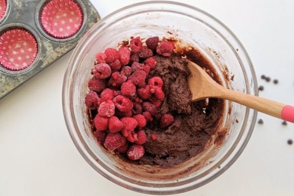 Image of Gently fold through the choc chips and the raspberries.