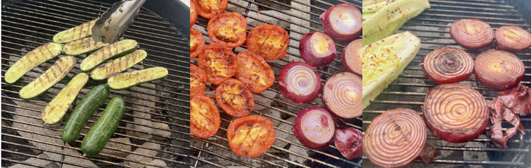 Image of Grilled the cucumbers, tomatoes, onion, romaine, and bread until nicely golden brown from the grill.  The onion will take a little longer to become tender.