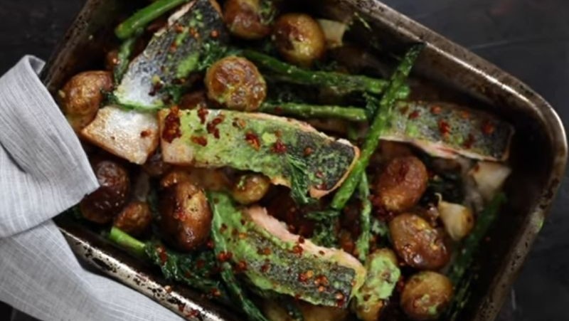 Image of Baby Roast Potatoes & Salmon Pesto Traybake