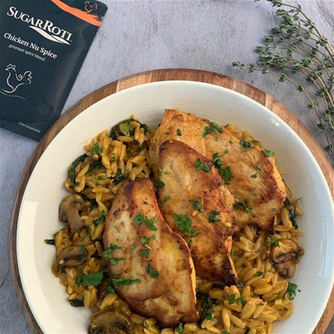 Image of Creamy Orzo with Spiced Chicken, Spinach and Mushrooms Recipe