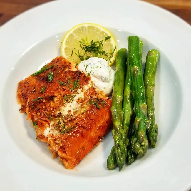 Image of Cajun Brined Salmon with Sour Cream & Dill Sauce