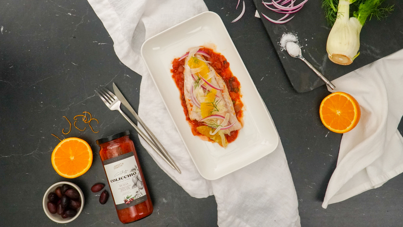 Image of Tomato Baked Sea Bass with Fennel & Orange Salad