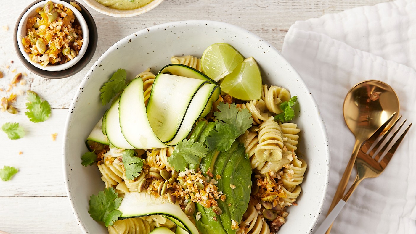Image of Creamy Avocado Pasta With Blanched Zucchini and Roasted Panko Topping