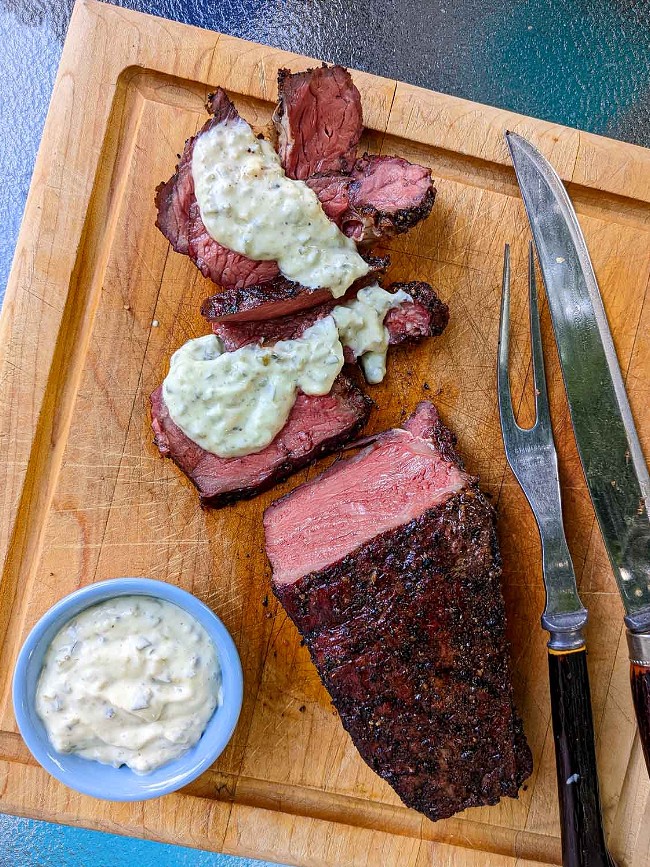 Image of Reversed Seared Steak with Smoked Poblano Aioli
