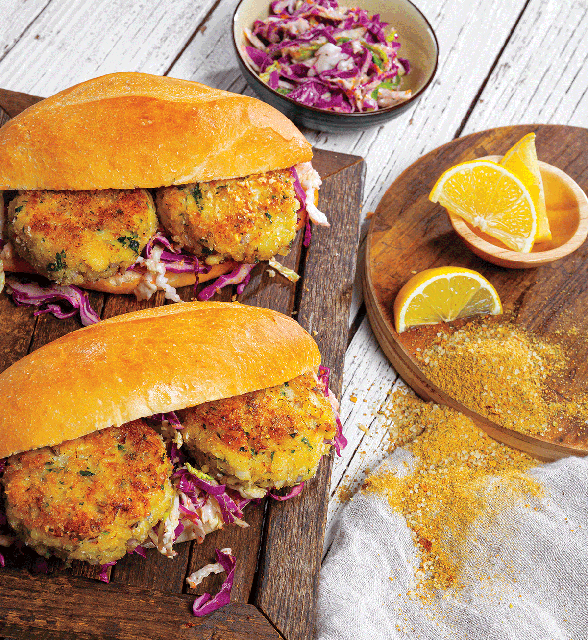 Cuban-Inspired Crab Cake Po’ Boys with Mojo Slaw