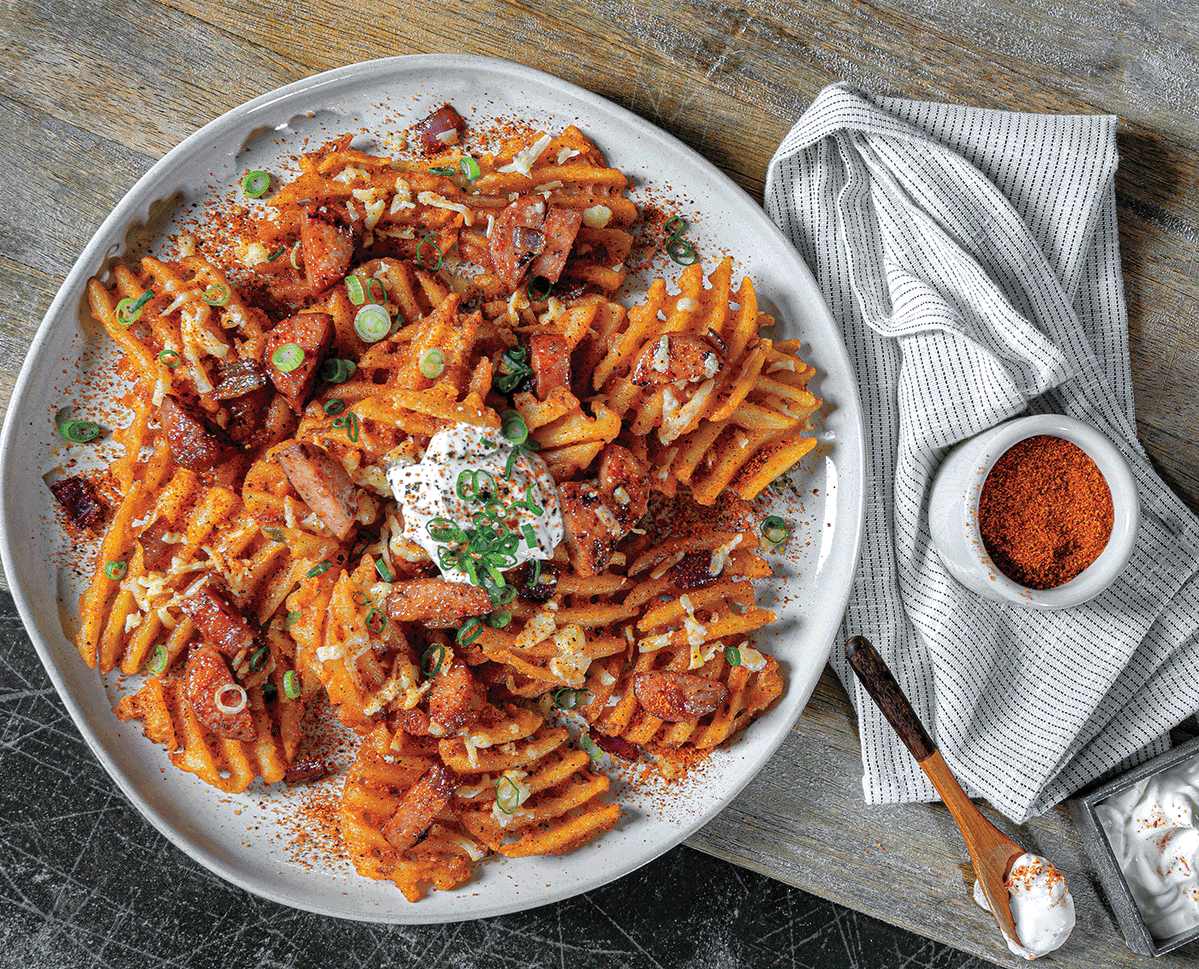 BBQ Bourbon-Apple Chicken Sausage & Aged Cheddar Loaded Waffle Fries