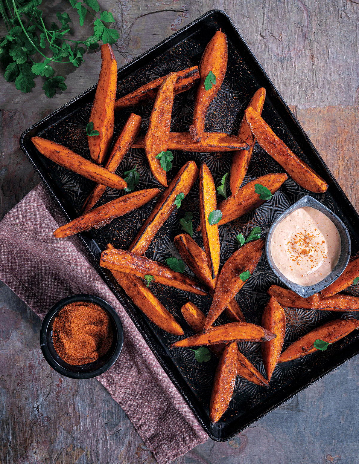 BBQ Sweet Potato Wedges with Horseradish-Sriracha Sauce