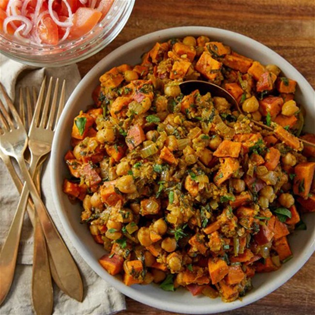 Image of Sweet Potato Stew with Garbanzo Beans and Greens Recipe