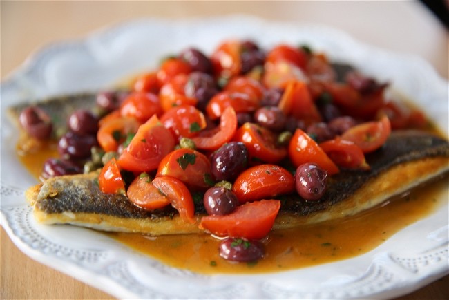 Image of Pan-Seared Branzino with Tomato and Capers