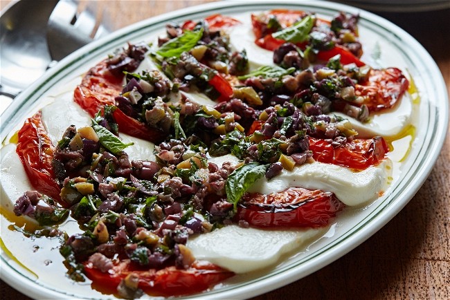 Image of Grilled Tomatoes with Olives and Mozzarella