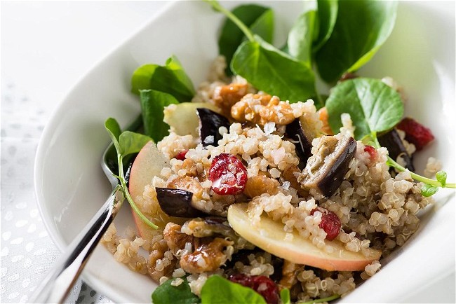 Image of Quinoa, Roasted Eggplant, and Apple Salad with Cumin Vinaigrette